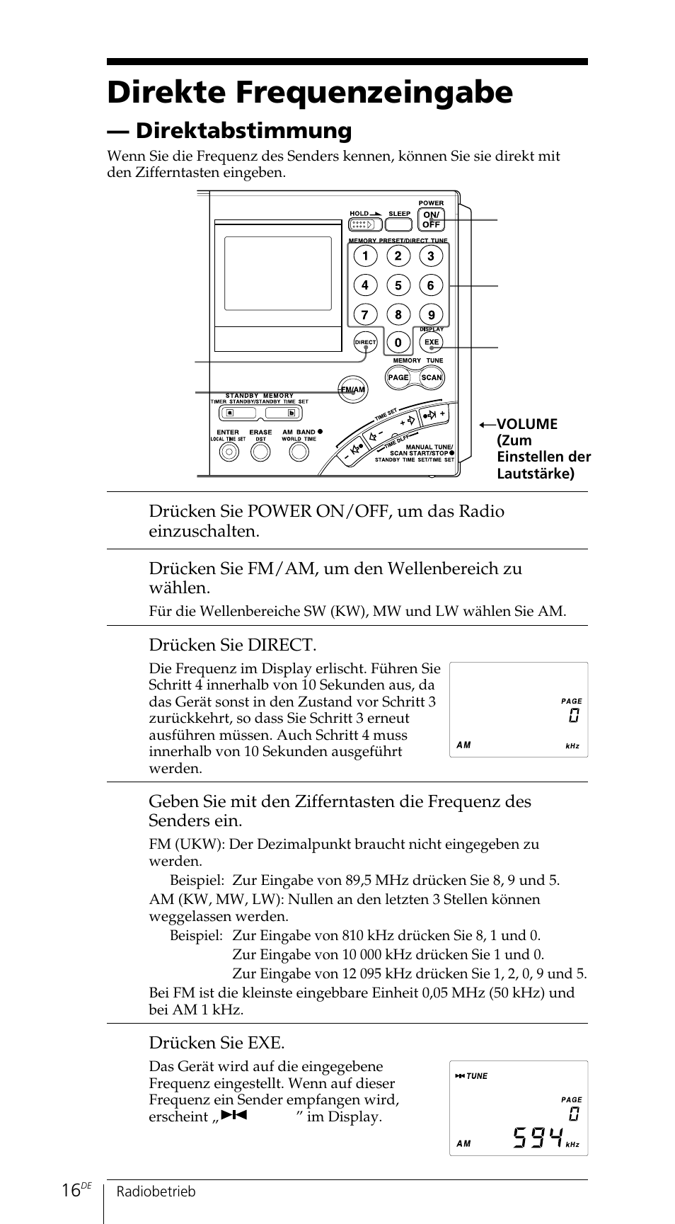 Direkte frequenzeingabe, Direktabstimmung | Sony ICF-SW7600GR User Manual | Page 96 / 242