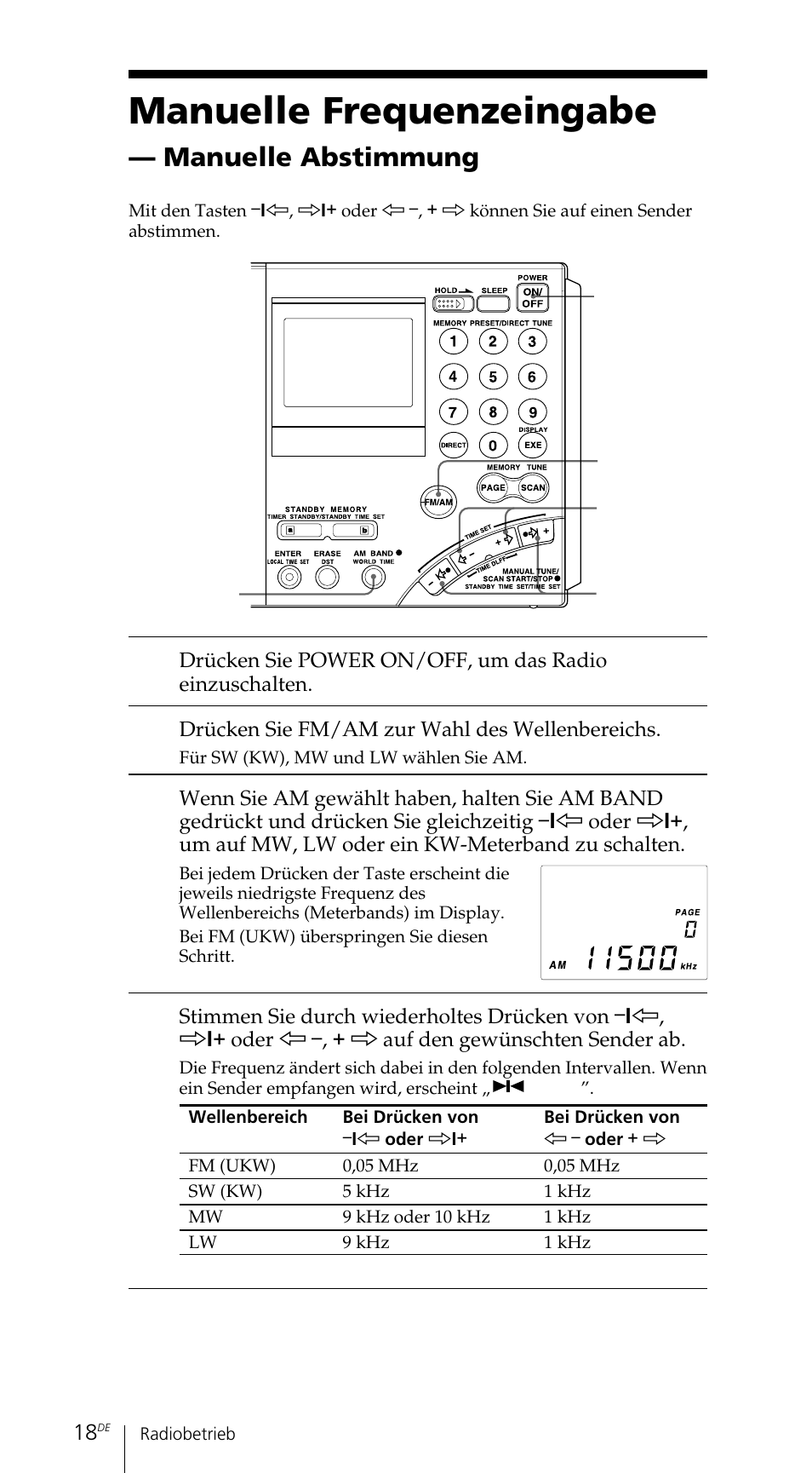 Manuelle frequenzeingabe, Manuelle abstimmung | Sony ICF-SW7600GR User Manual | Page 98 / 242