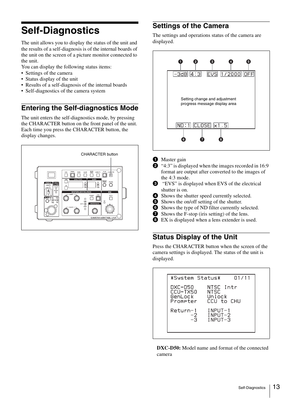 Self-diagnostics, Entering the self-diagnostics mode, Settings of the camera | Status display of the unit | Sony CCU-TX50P User Manual | Page 13 / 19