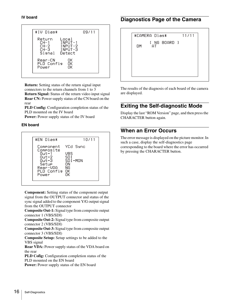 Exiting the self-diagnostic mode, When an error occurs, Diagnostics page of the camera | Sony CCU-TX50P User Manual | Page 16 / 19