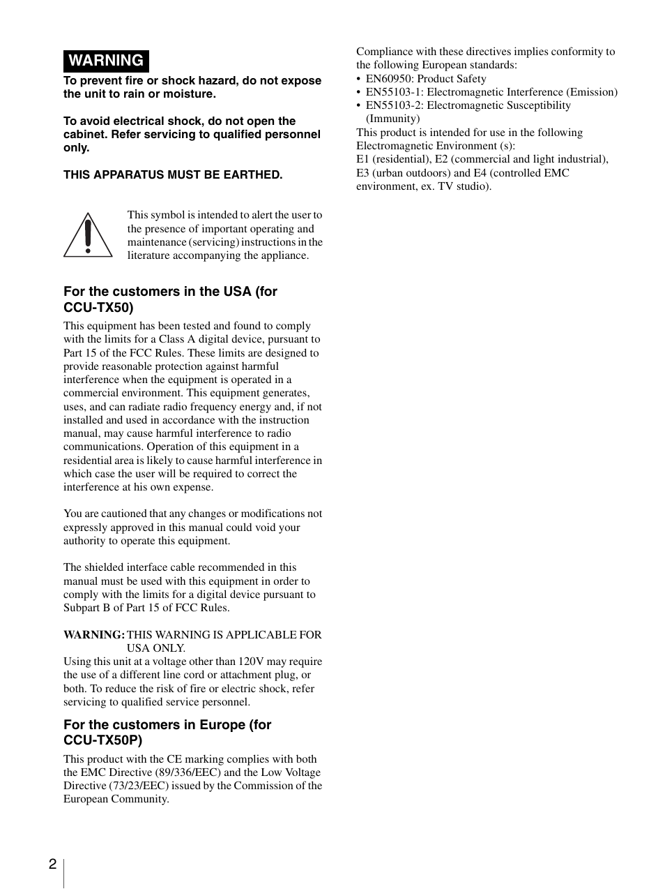 Warning | Sony CCU-TX50P User Manual | Page 2 / 19