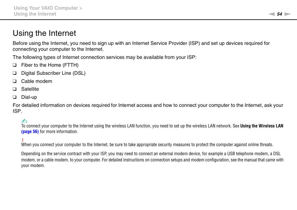 Using the internet | Sony VAIO VPCY21 SERIES User Manual | Page 54 / 157