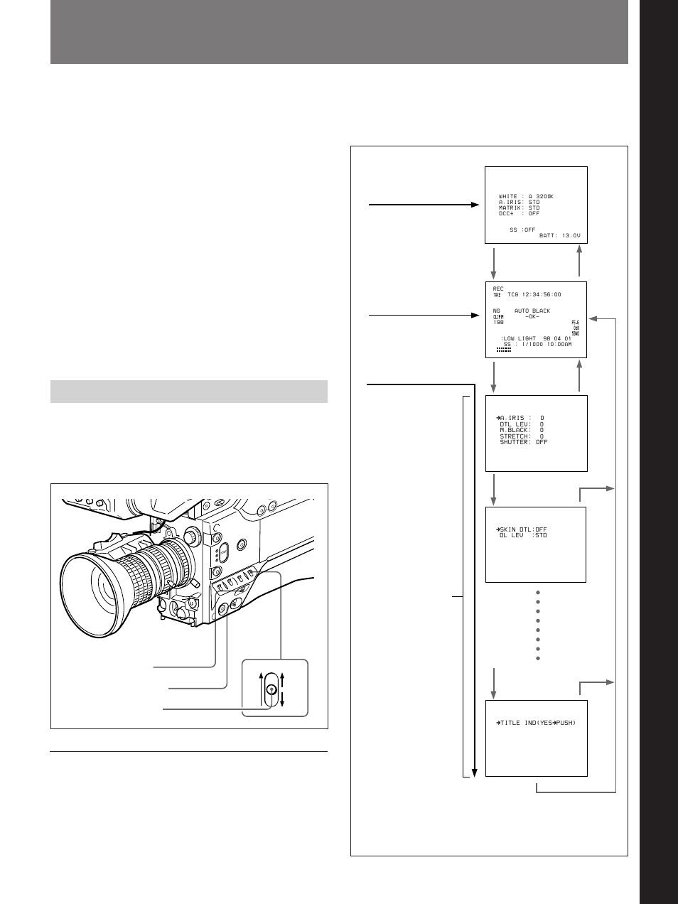 Viewfinder screen indications, Changing the viewfinder display | Sony 300PF User Manual | Page 73 / 124