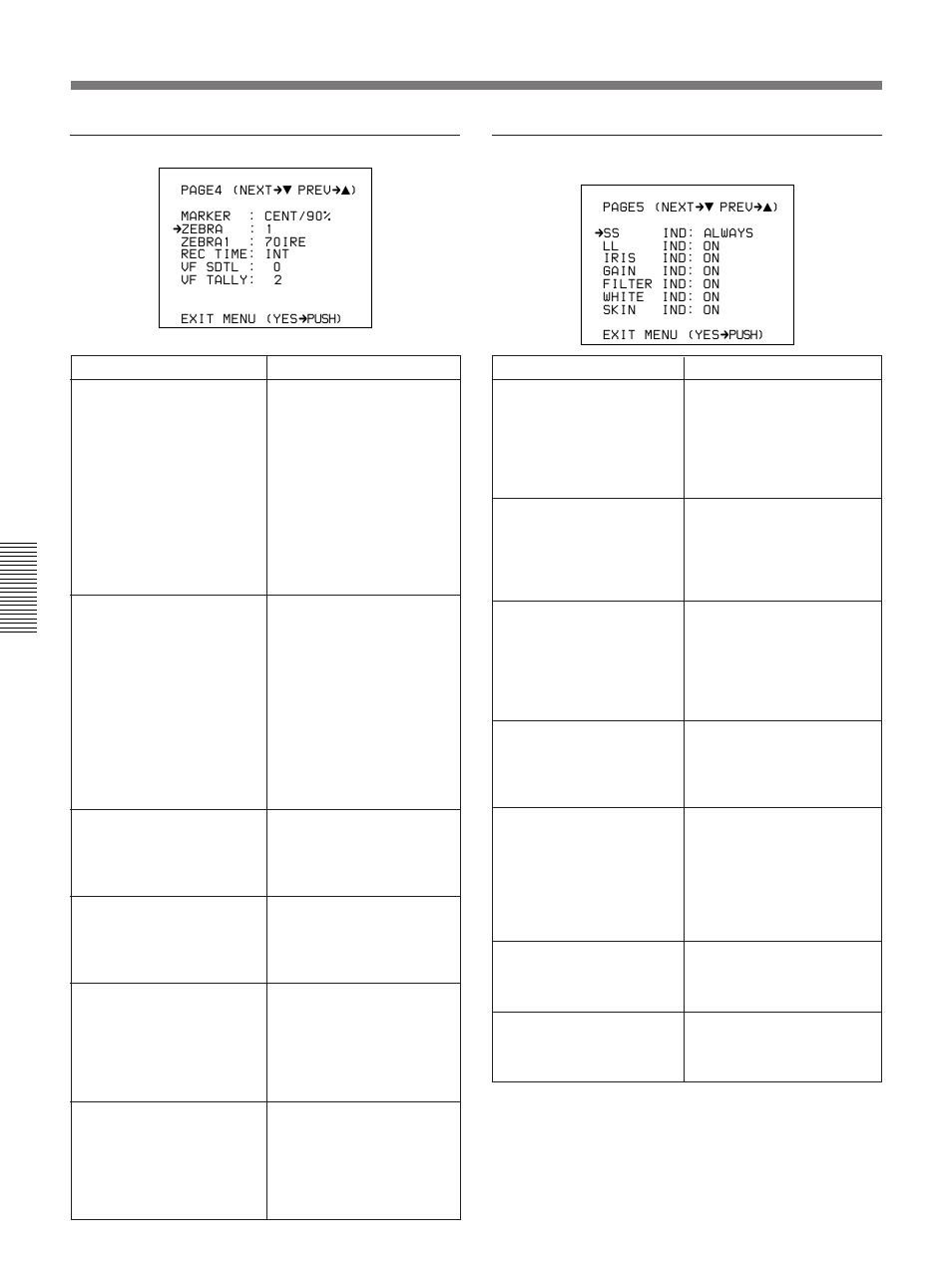 Viewfinder advanced menu, Advanced menu page 4, Advanced menu page 5 | Sony 300PF User Manual | Page 86 / 124