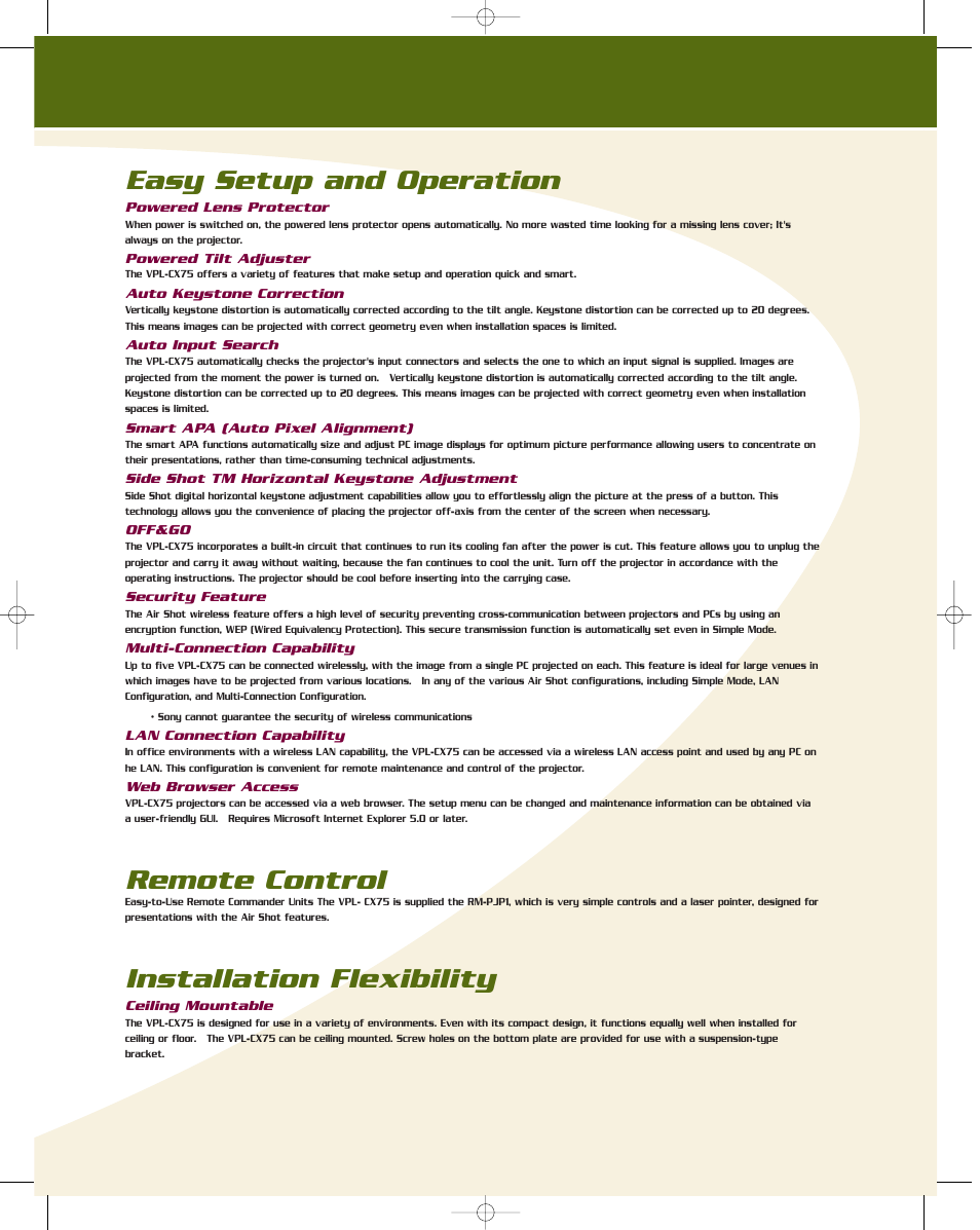 Easy setup and operation, Remote control, Installation flexibility | Sony VPL CX75 User Manual | Page 2 / 4