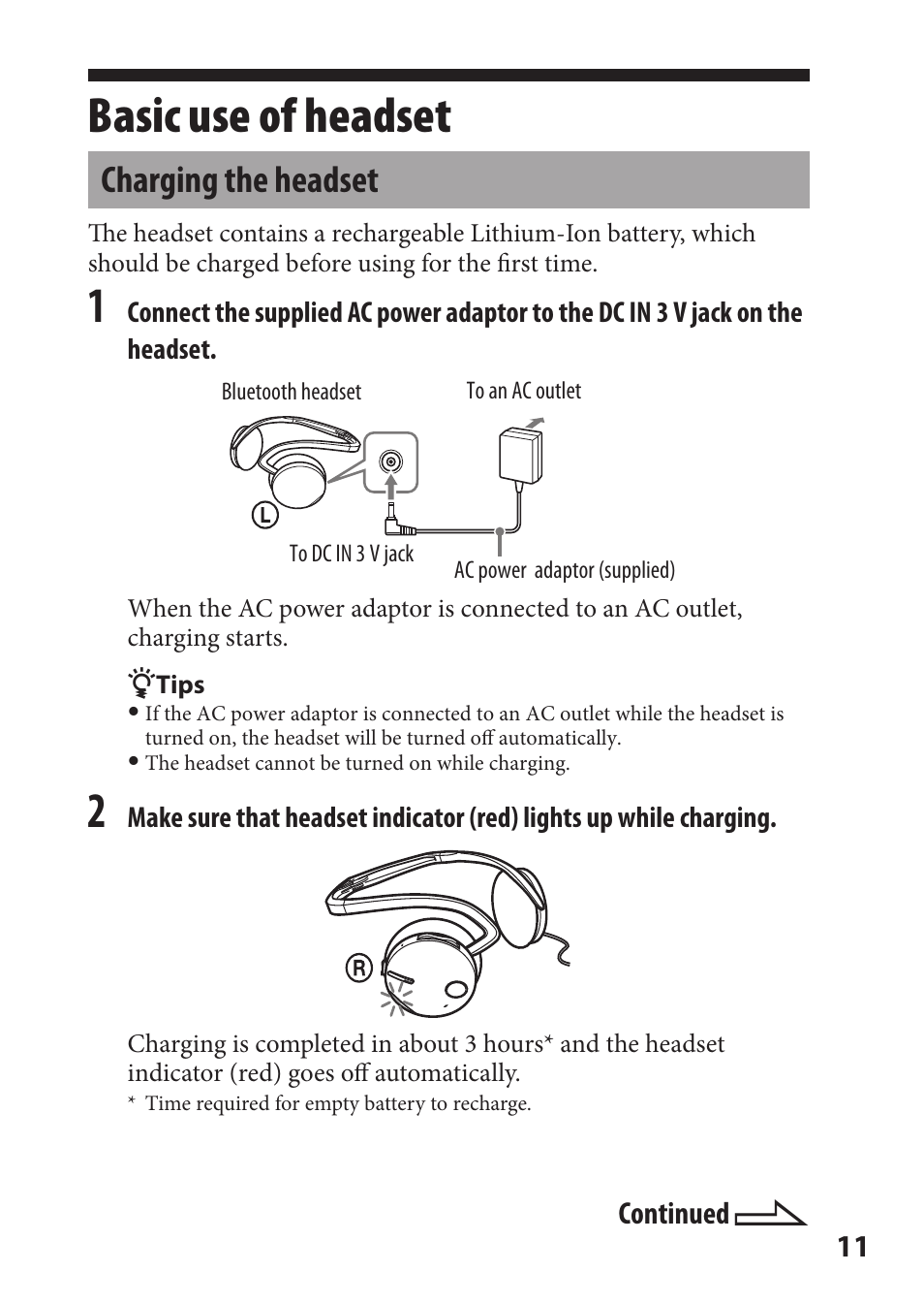 Basic use of headset, Charging the headset | Sony DR-BT21iK User Manual | Page 11 / 44