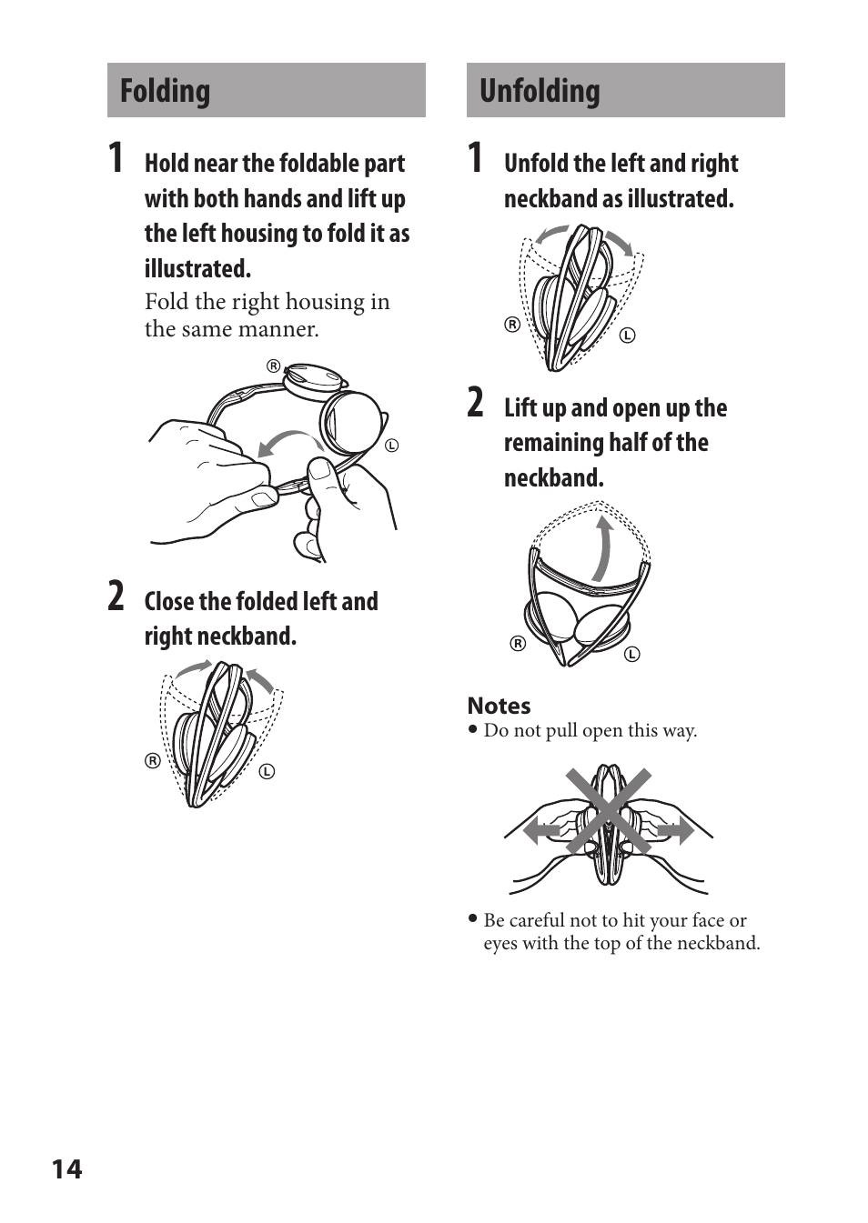 Folding, Unfolding, Folding unfolding | Sony DR-BT21iK User Manual | Page 14 / 44