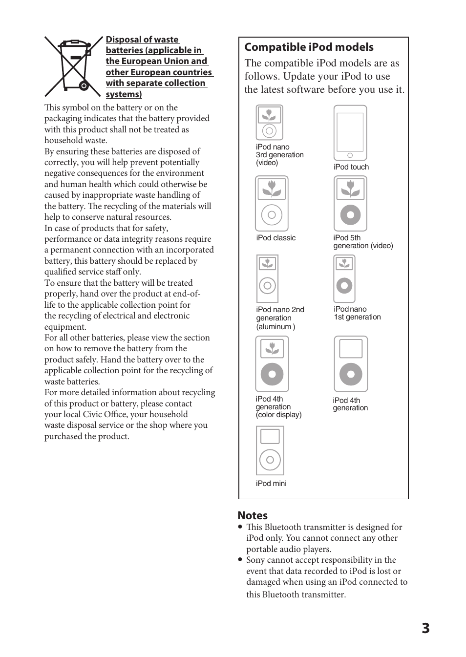 Compatible ipod models | Sony DR-BT21iK User Manual | Page 3 / 44