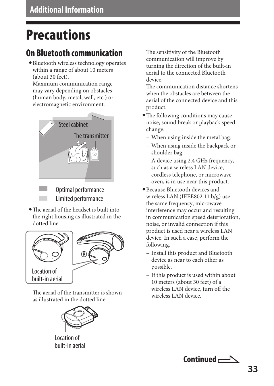 Additional information, Precautions, On bluetooth communication | Continued | Sony DR-BT21iK User Manual | Page 33 / 44