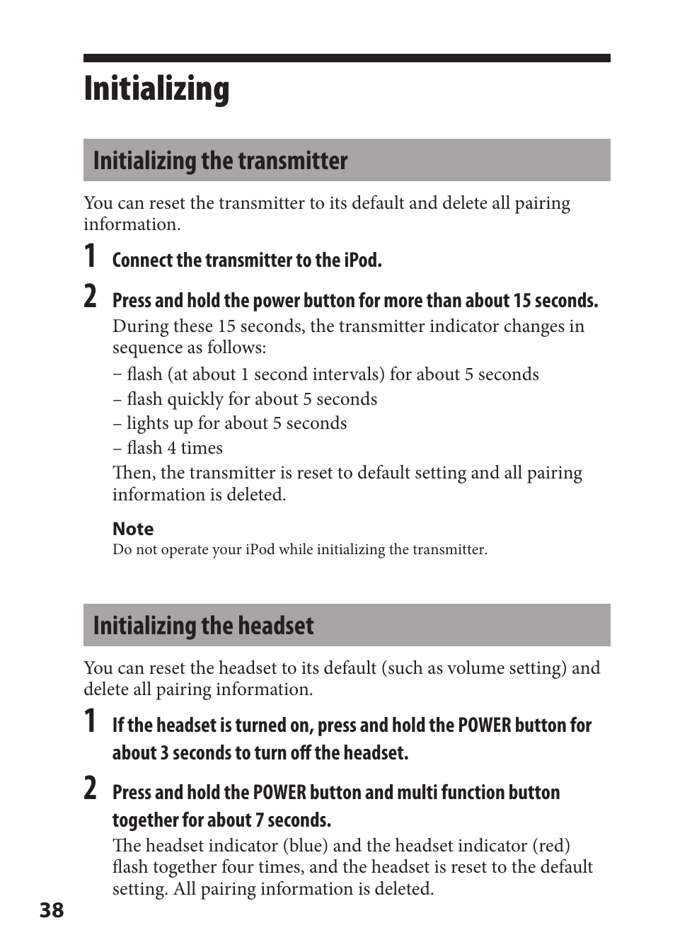 Initializing, Initializing the transmitter, Initializing the headset | Sony DR-BT21iK User Manual | Page 38 / 44