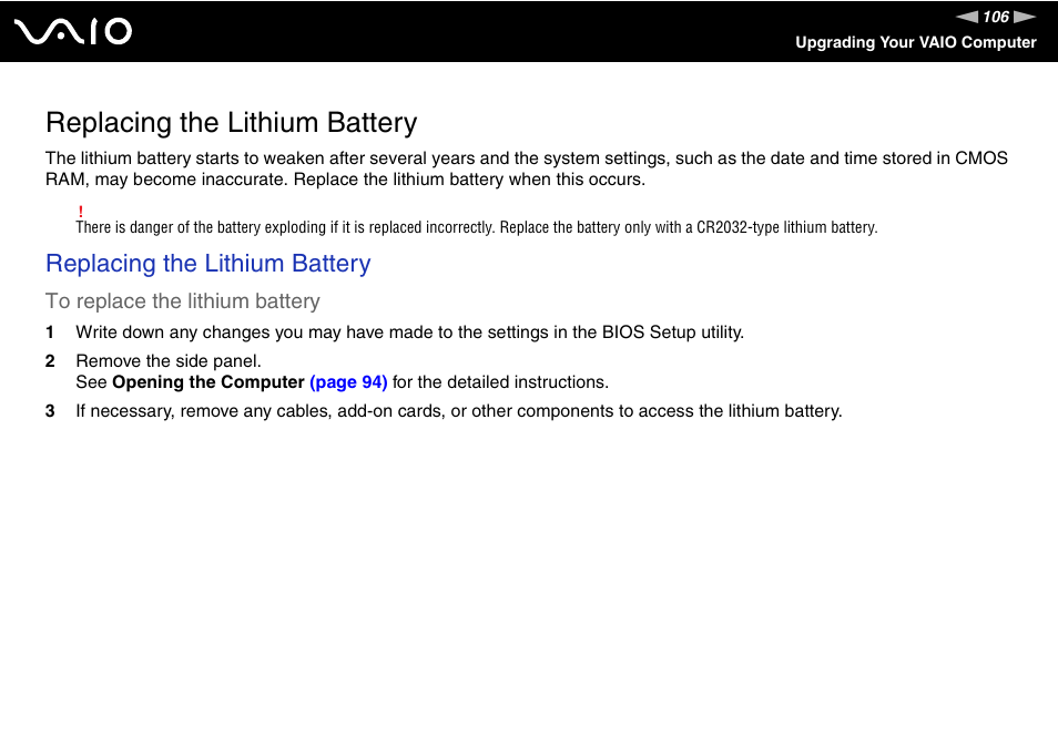 Replacing the lithium battery | Sony VGC-RC110G User Manual | Page 106 / 180
