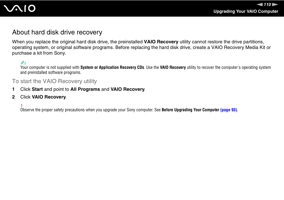 About hard disk drive recovery | Sony VGC-RC110G User Manual | Page 110 / 180
