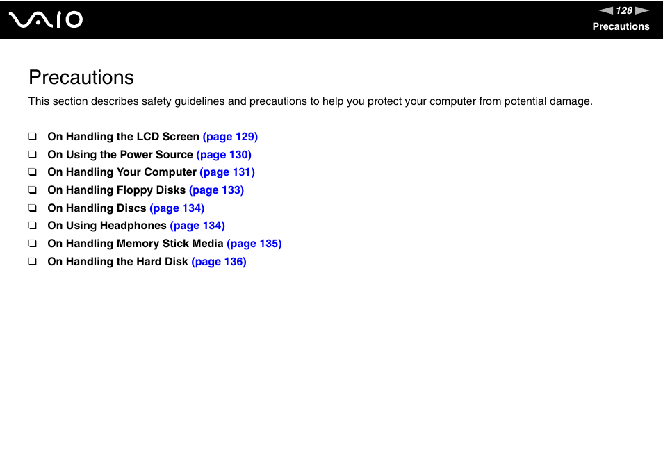 Precautions | Sony VGC-RC110G User Manual | Page 128 / 180