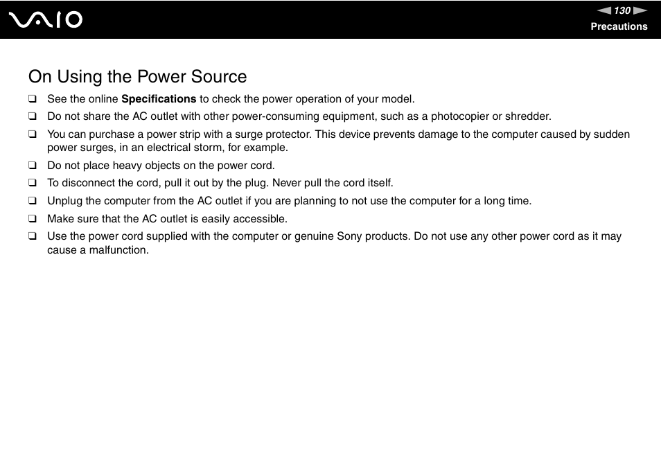 On using the power source | Sony VGC-RC110G User Manual | Page 130 / 180