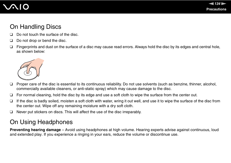 On handling discs, On using headphones | Sony VGC-RC110G User Manual | Page 134 / 180