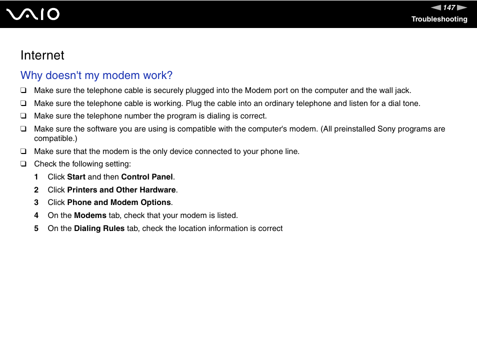 Internet, Why doesn't my modem work | Sony VGC-RC110G User Manual | Page 147 / 180