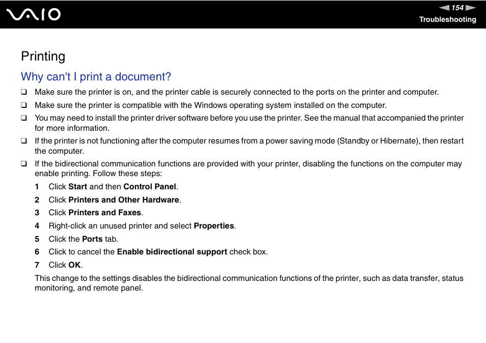 Printing, Inting, Why can't i print a document | Sony VGC-RC110G User Manual | Page 154 / 180