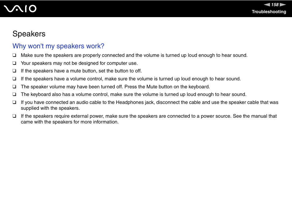Speakers, Why won't my speakers work | Sony VGC-RC110G User Manual | Page 158 / 180