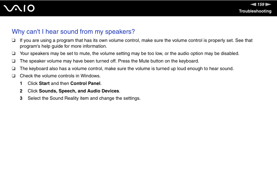 Why can't i hear sound from my speakers | Sony VGC-RC110G User Manual | Page 159 / 180