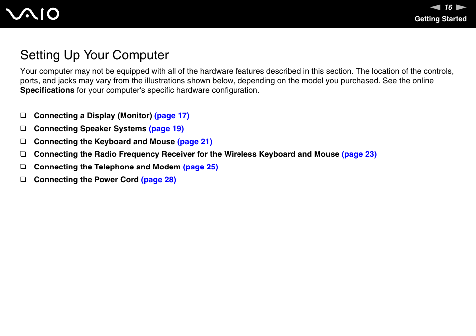 Setting up your computer | Sony VGC-RC110G User Manual | Page 16 / 180