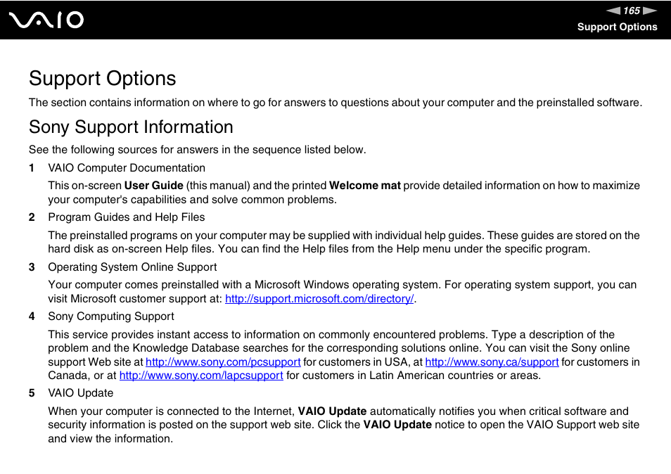 Support options, Sony support information | Sony VGC-RC110G User Manual | Page 165 / 180