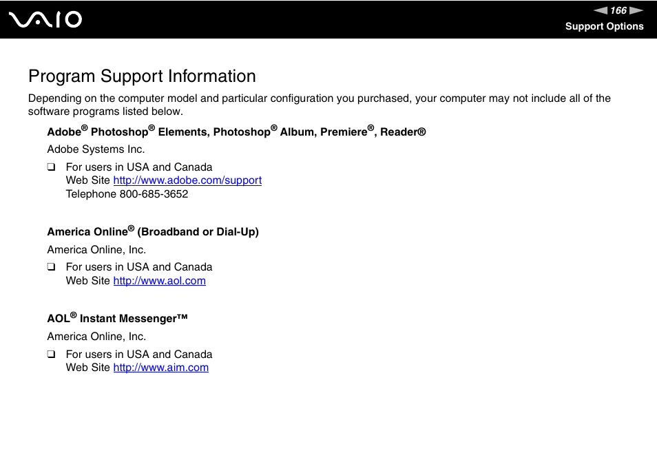 Program support information | Sony VGC-RC110G User Manual | Page 166 / 180