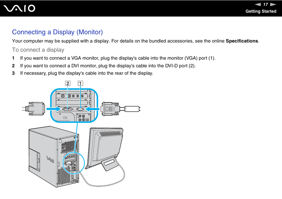 Connecting a display (monitor) | Sony VGC-RC110G User Manual | Page 17 / 180