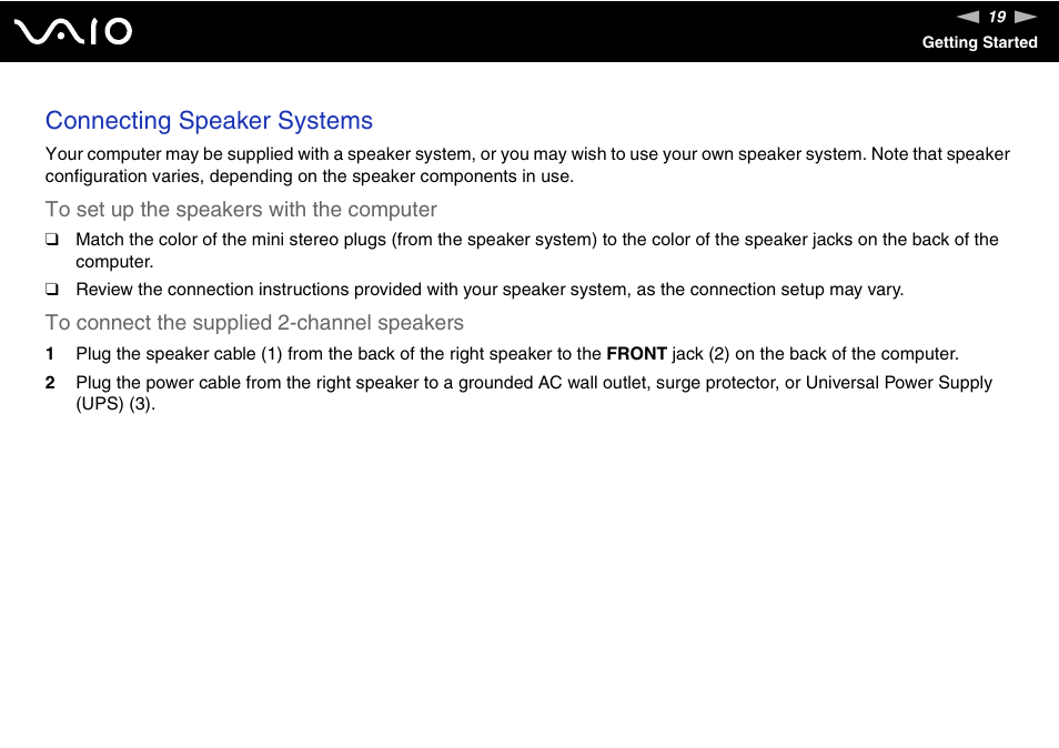 Connecting speaker systems | Sony VGC-RC110G User Manual | Page 19 / 180