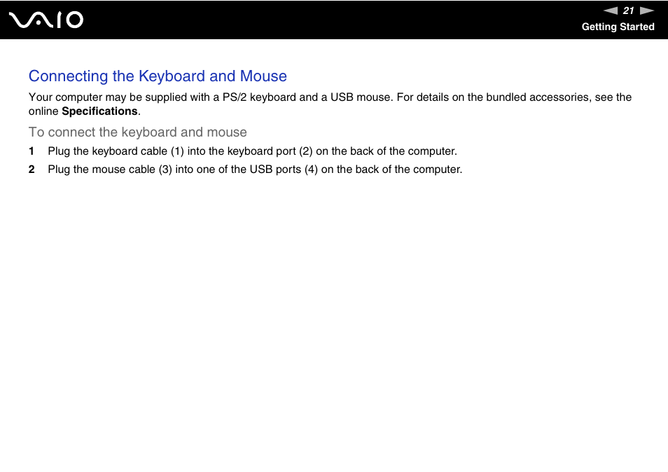 Connecting the keyboard and mouse | Sony VGC-RC110G User Manual | Page 21 / 180