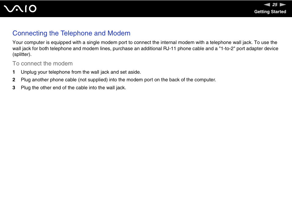 Connecting the telephone and modem | Sony VGC-RC110G User Manual | Page 25 / 180