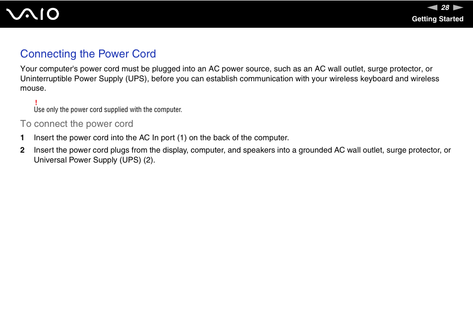 Connecting the power cord | Sony VGC-RC110G User Manual | Page 28 / 180
