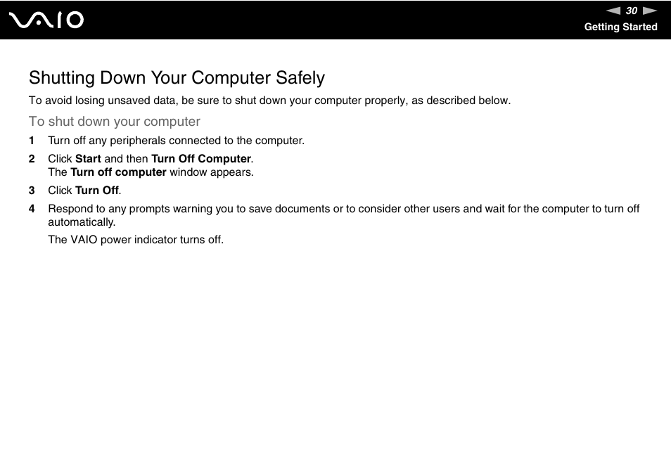 Shutting down your computer safely | Sony VGC-RC110G User Manual | Page 30 / 180