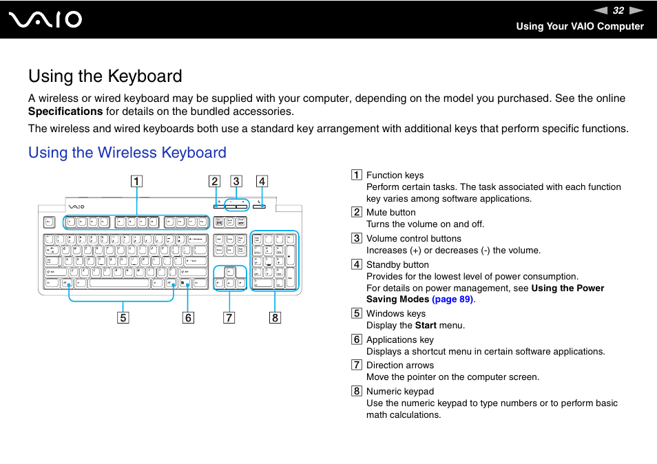 Using the keyboard, Using the wireless keyboard | Sony VGC-RC110G User Manual | Page 32 / 180