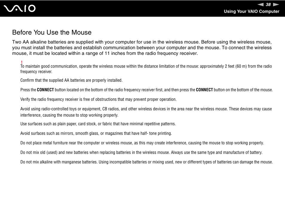 Before you use the mouse | Sony VGC-RC110G User Manual | Page 38 / 180