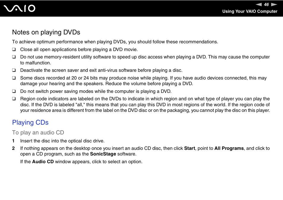 Playing cds | Sony VGC-RC110G User Manual | Page 46 / 180