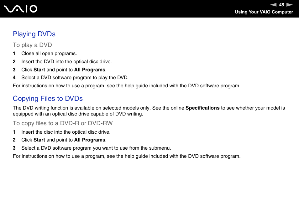 Playing dvds, Copying files to dvds | Sony VGC-RC110G User Manual | Page 48 / 180