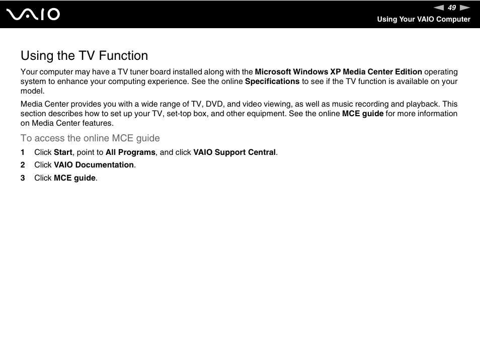 Using the tv function, Tion | Sony VGC-RC110G User Manual | Page 49 / 180