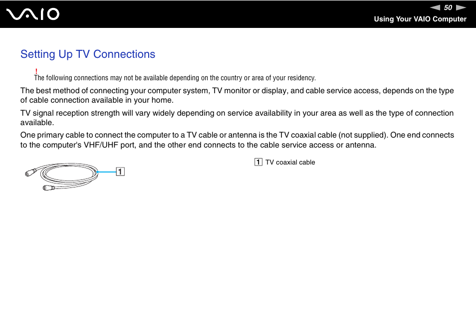 Setting up tv connections | Sony VGC-RC110G User Manual | Page 50 / 180