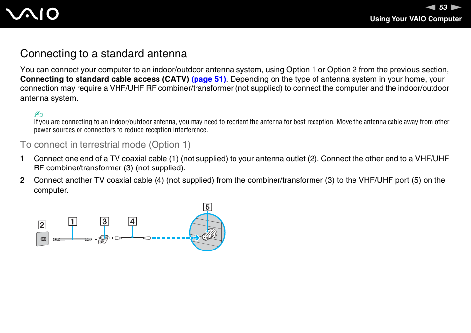 Connecting to a standard antenna | Sony VGC-RC110G User Manual | Page 53 / 180