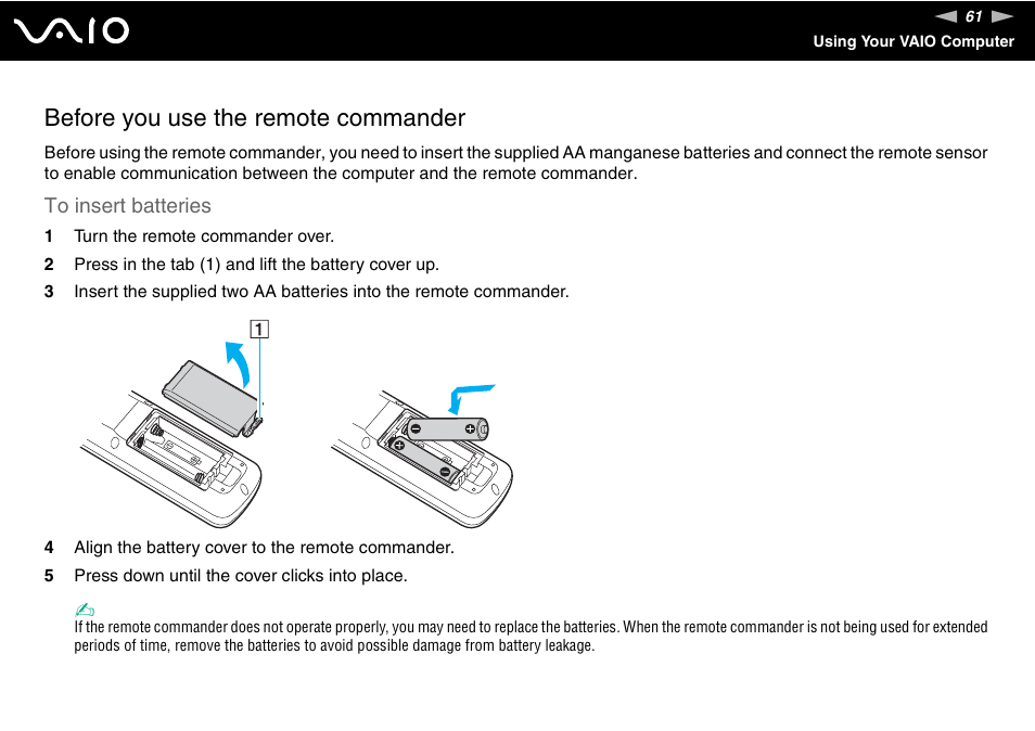 Before you use the remote commander | Sony VGC-RC110G User Manual | Page 61 / 180