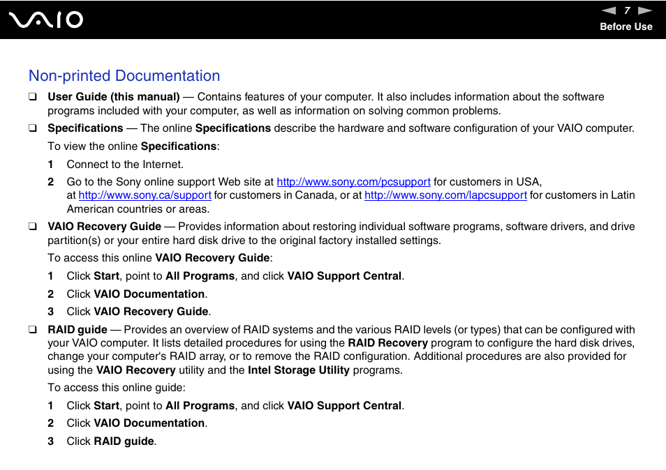 Non-printed documentation | Sony VGC-RC110G User Manual | Page 7 / 180