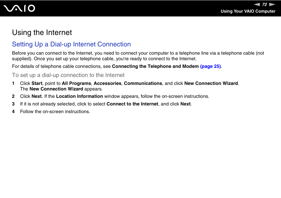 Using the internet, Setting up a dial-up internet connection | Sony VGC-RC110G User Manual | Page 72 / 180