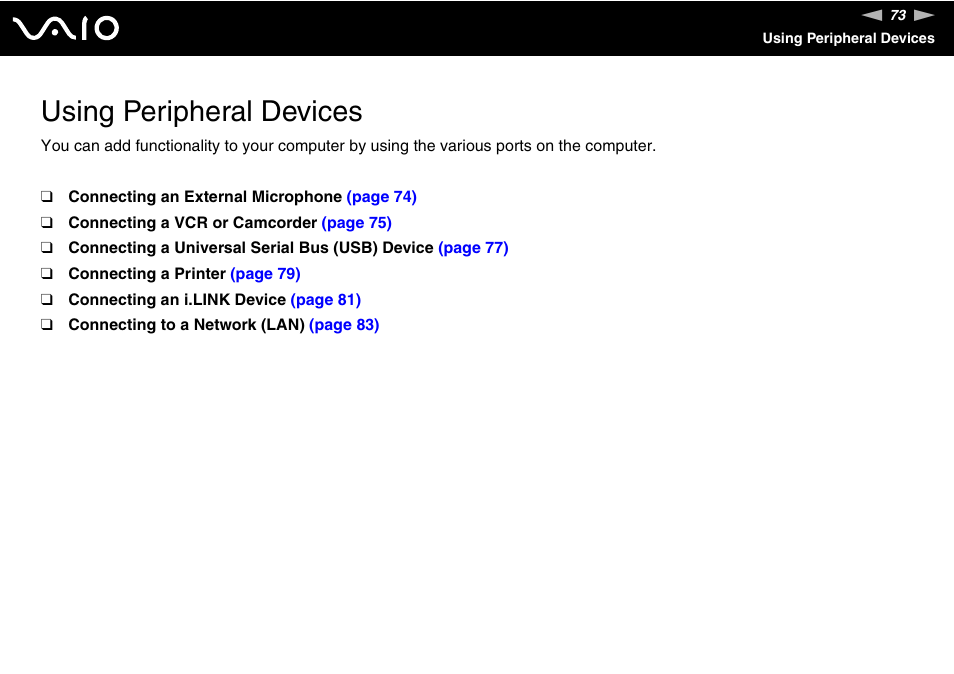 Using peripheral devices | Sony VGC-RC110G User Manual | Page 73 / 180