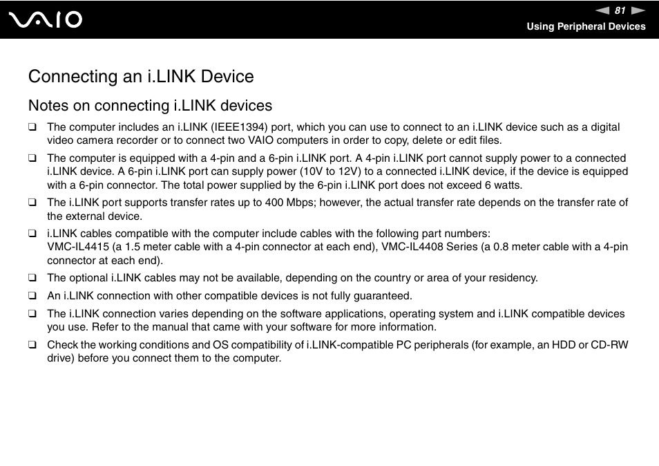 Connecting an i.link device | Sony VGC-RC110G User Manual | Page 81 / 180