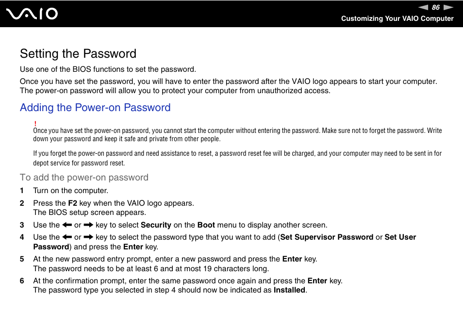 Setting the password, Adding the power-on password | Sony VGC-RC110G User Manual | Page 86 / 180