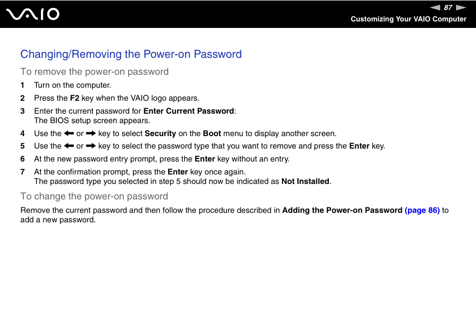 Changing/removing the power-on password | Sony VGC-RC110G User Manual | Page 87 / 180