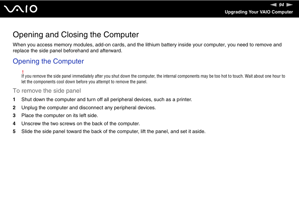 Opening and closing the computer, Opening the computer | Sony VGC-RC110G User Manual | Page 94 / 180
