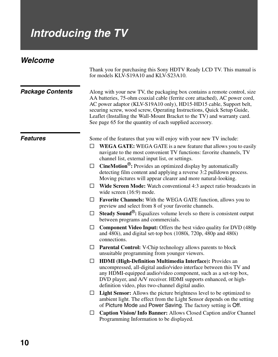 Introducing the tv, Welcome, Package contents | Features, Package contents features | Sony WEGA KLV S23A10 User Manual | Page 10 / 68