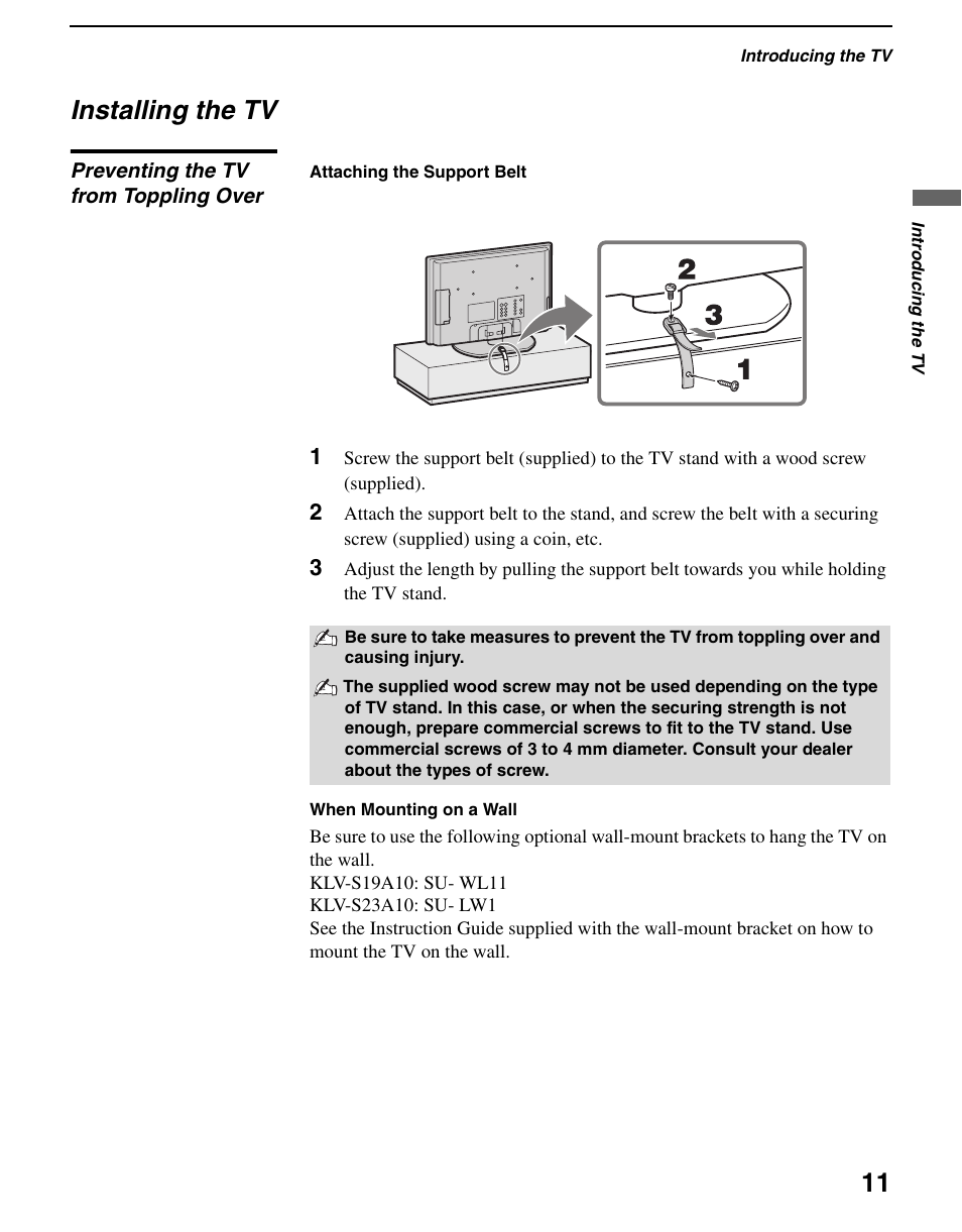 Installing the tv, Preventing the tv from toppling over | Sony WEGA KLV S23A10 User Manual | Page 11 / 68