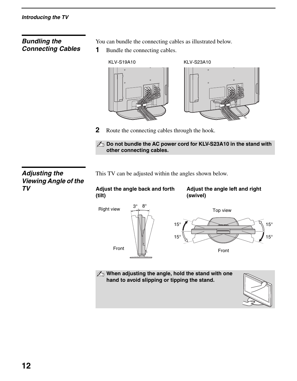 Bundling the connecting cables, Adjusting the viewing angle of the tv | Sony WEGA KLV S23A10 User Manual | Page 12 / 68